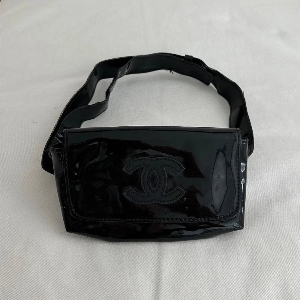 Chanel Black Patent Leather Enamel Logo Waist Pouch